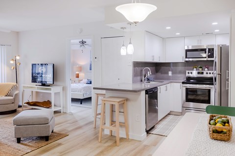 a kitchen with a island and a living room with a couch and a tv
